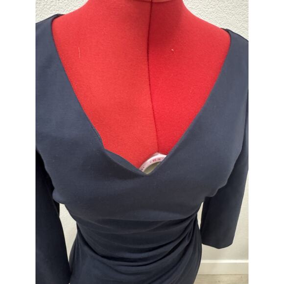 Elegant Navy Blue Sheath Dress Ruched V-Neck 3/4 Sleeve Cocktail Party - Picture 2 of 9